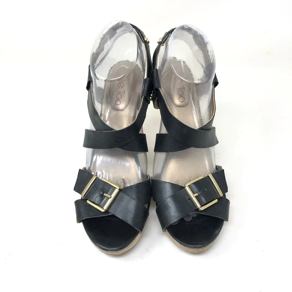 VTG Wooden Sandals Me Too‎ Womens 8.5M Ebony Leather Black Wood Heel Buckle